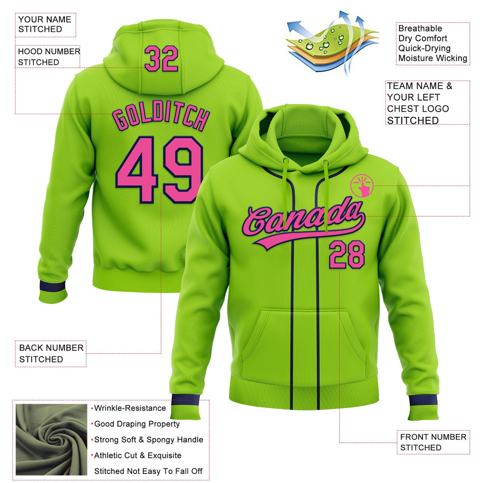Custom Stitched Neon Green Pink-Navy Baseball Pullover Sweatshirt Hoodie