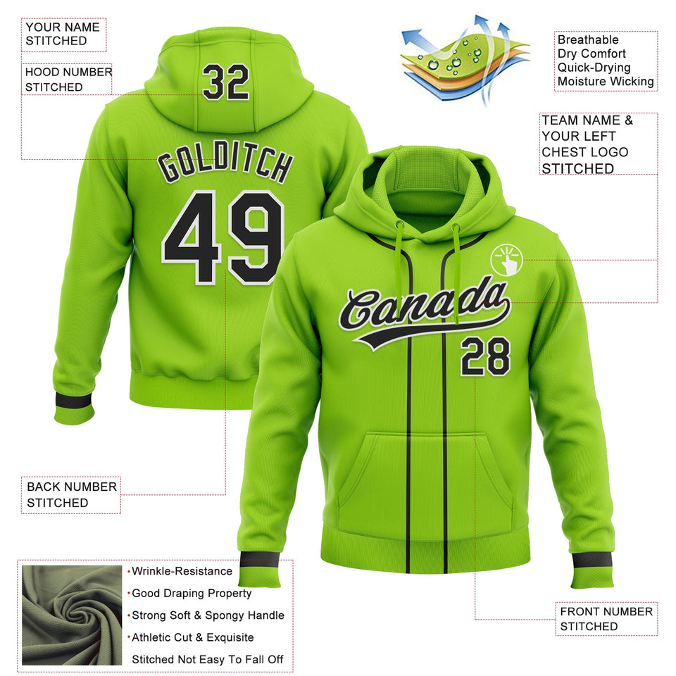 Custom Stitched Neon Green Black-White Baseball Pullover Sweatshirt Hoodie