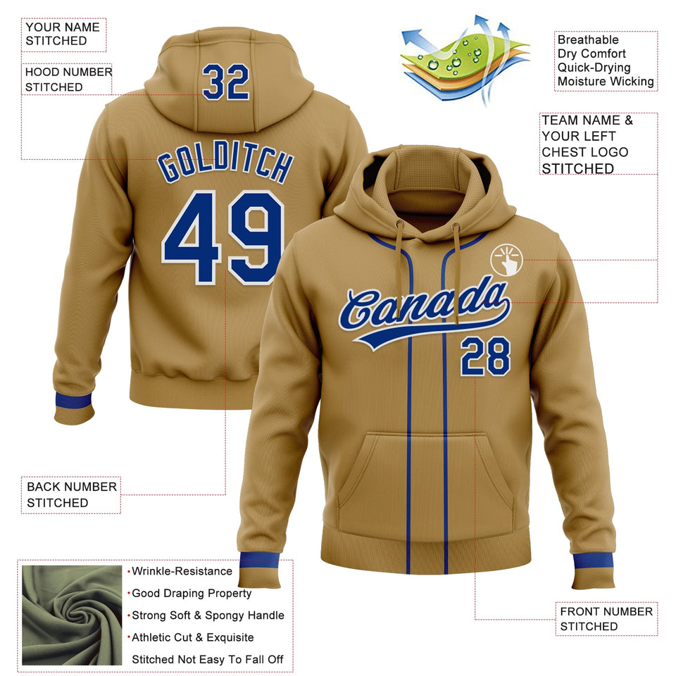 Custom Stitched Old Gold Royal-White Baseball Pullover Sweatshirt Hoodie