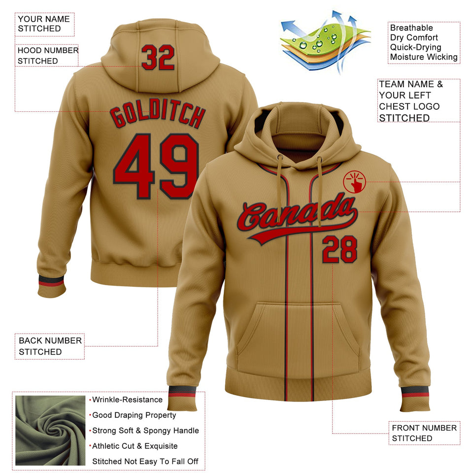Custom Stitched Old Gold Red-Black Baseball Pullover Sweatshirt Hoodie