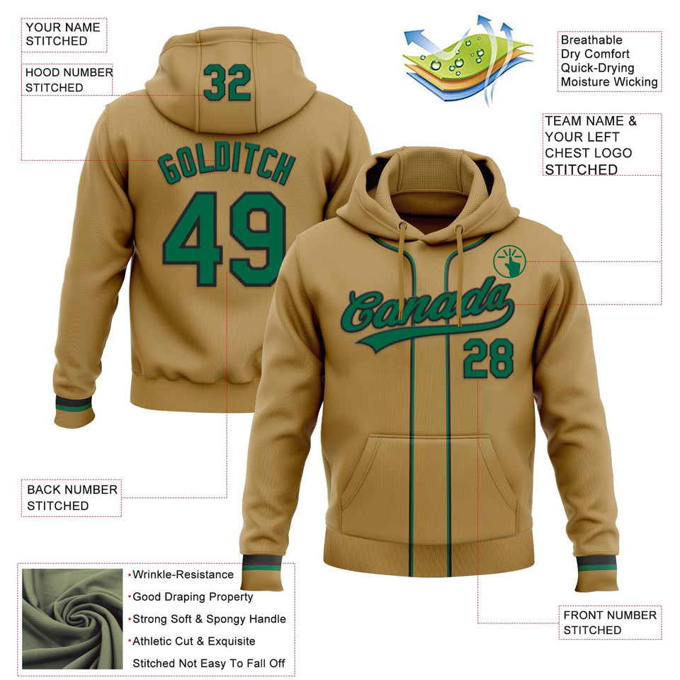 Custom Stitched Old Gold Kelly Green-Black Baseball Pullover Sweatshirt Hoodie