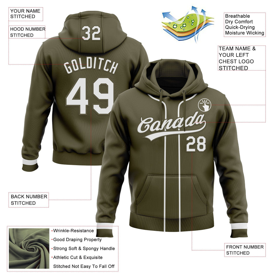 Custom Stitched Olive White-Olive Baseball Pullover Sweatshirt Hoodie