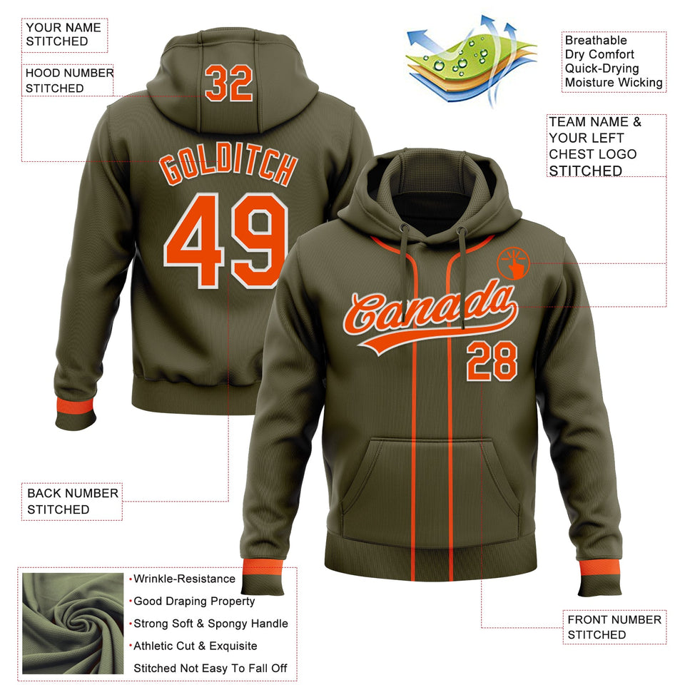 Custom Stitched Olive Orange-White Baseball Pullover Sweatshirt Hoodie
