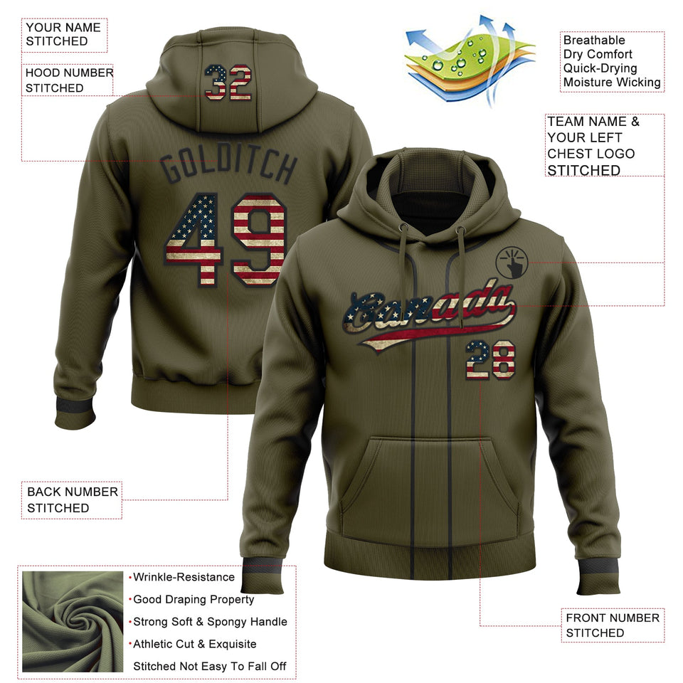 Custom Stitched Olive Vintage USA Flag-Black Baseball Pullover Sweatshirt Hoodie