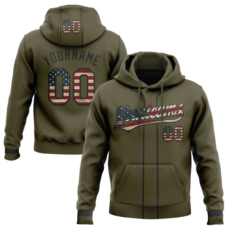 Custom Stitched Olive Vintage USA Flag-Black Baseball Pullover Sweatshirt Hoodie