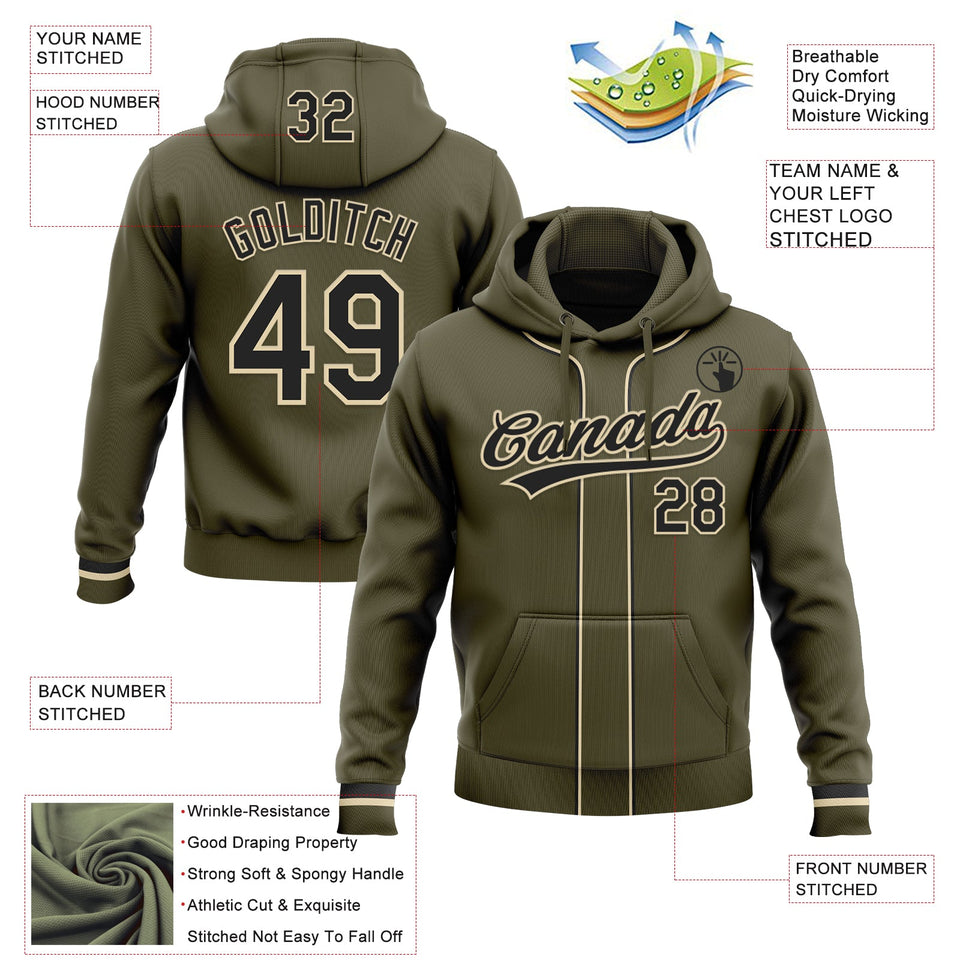 Custom Stitched Olive Black-Cream Baseball Pullover Sweatshirt Hoodie