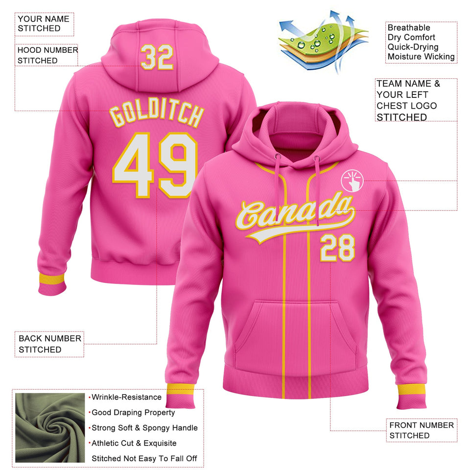 Custom Stitched Pink White-Yellow Baseball Pullover Sweatshirt Hoodie
