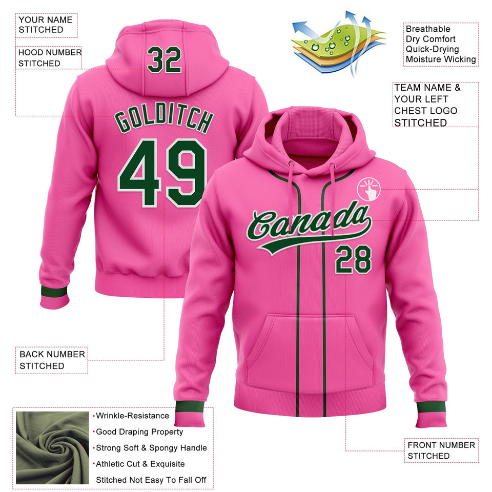 Custom Stitched Pink Green-White Baseball Pullover Sweatshirt Hoodie