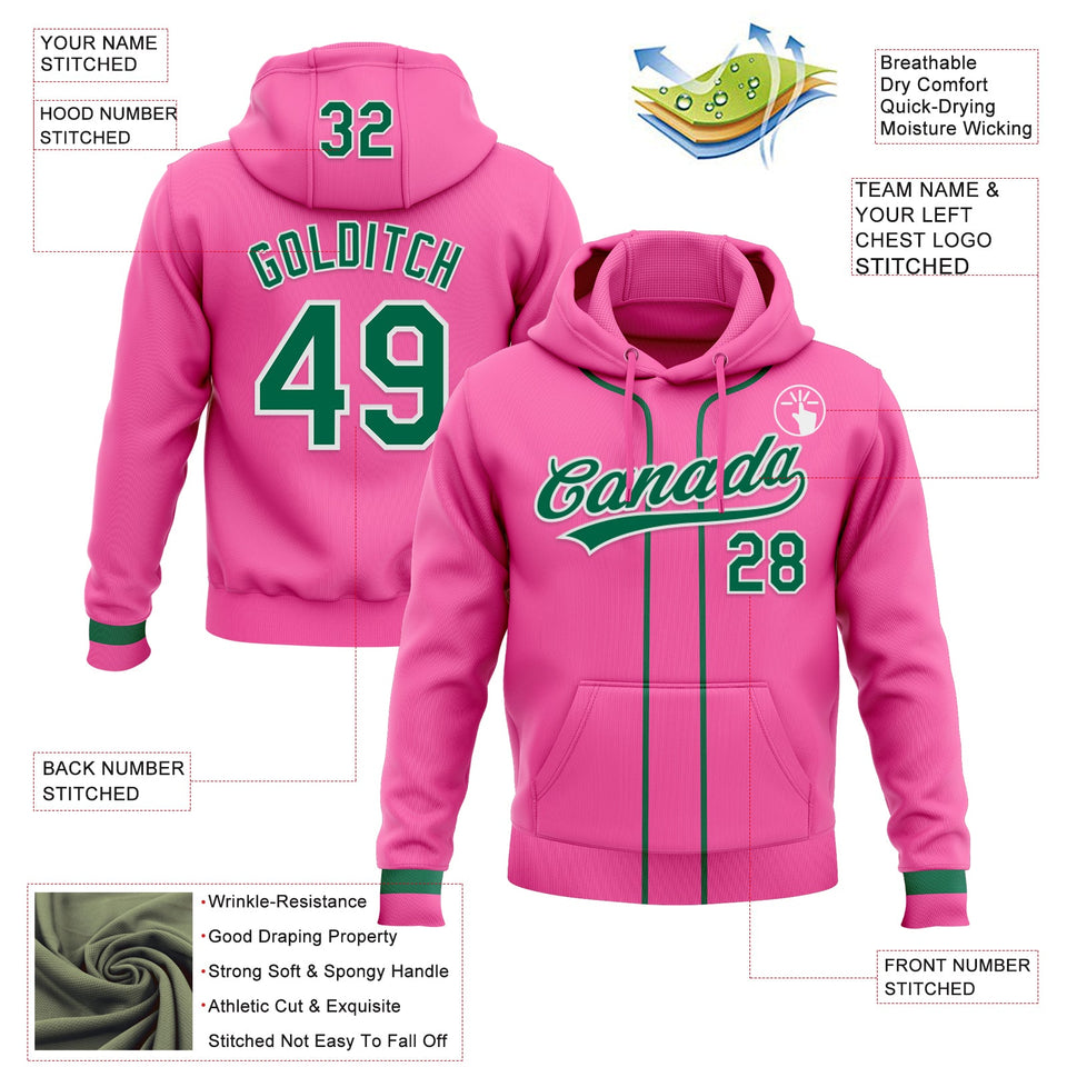 Custom Stitched Pink Kelly Green-White Baseball Pullover Sweatshirt Hoodie