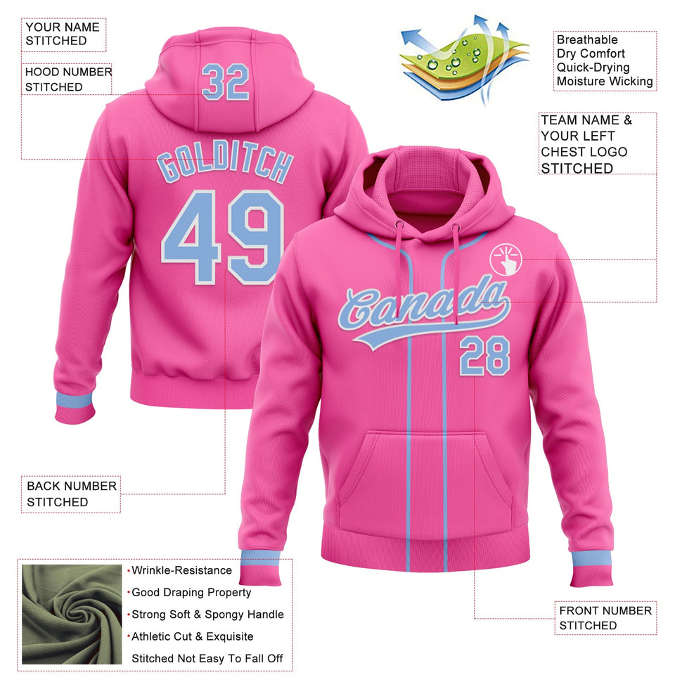 Custom Stitched Pink Light Blue-White Baseball Pullover Sweatshirt Hoodie