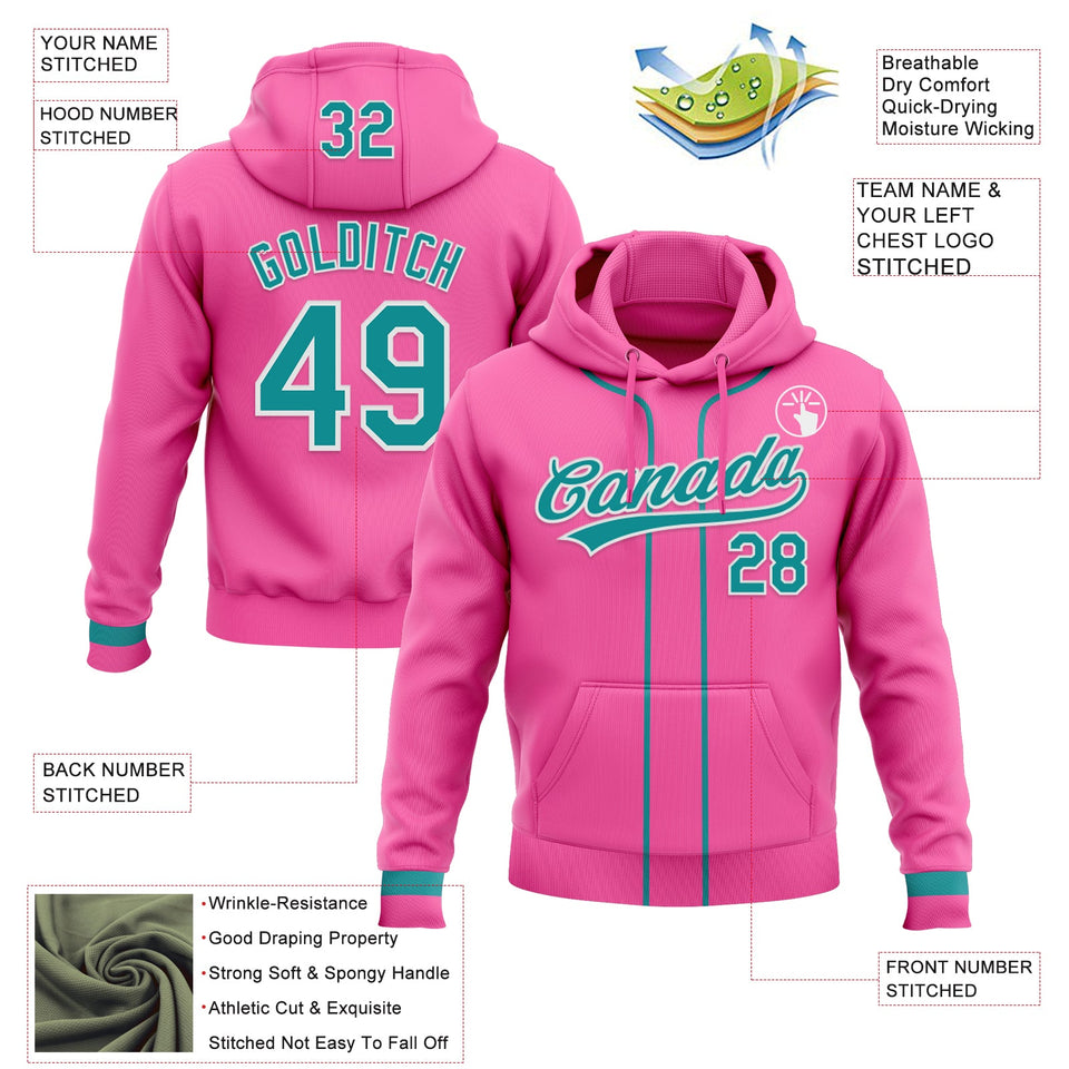 Custom Stitched Pink Teal-White Baseball Pullover Sweatshirt Hoodie