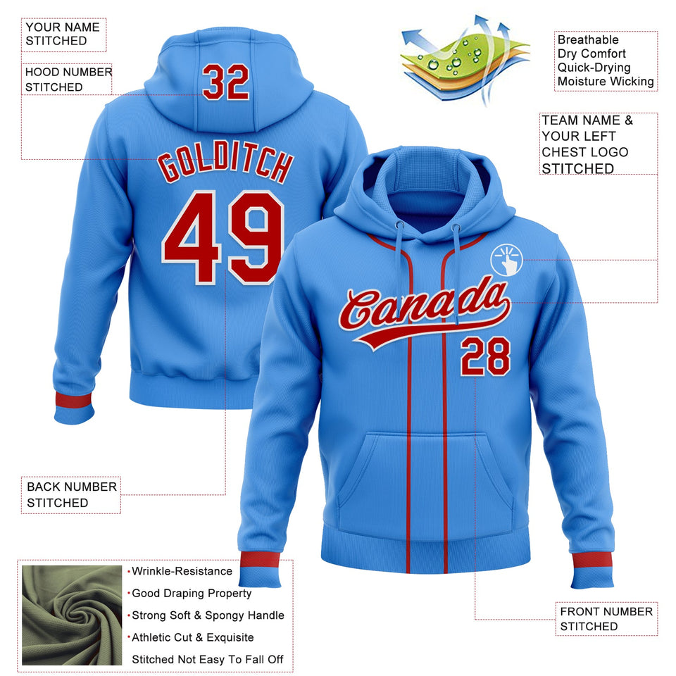 Custom Stitched Powder Blue Red-White Baseball Pullover Sweatshirt Hoodie