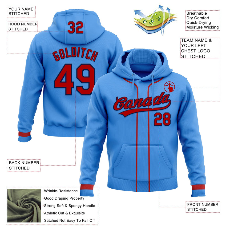 Custom Stitched Powder Blue Red-Navy Baseball Pullover Sweatshirt Hoodie