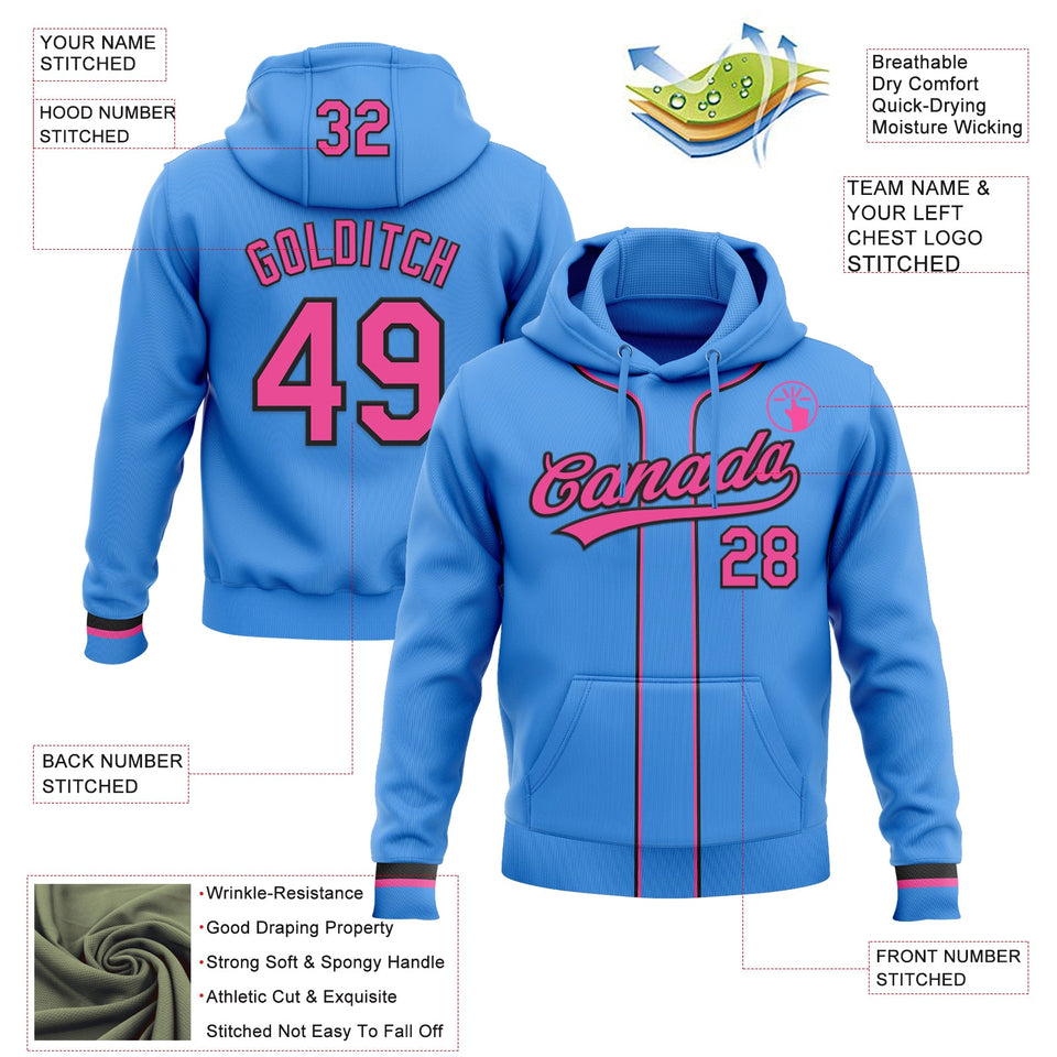 Custom Stitched Powder Blue Pink-Black Baseball Pullover Sweatshirt Hoodie