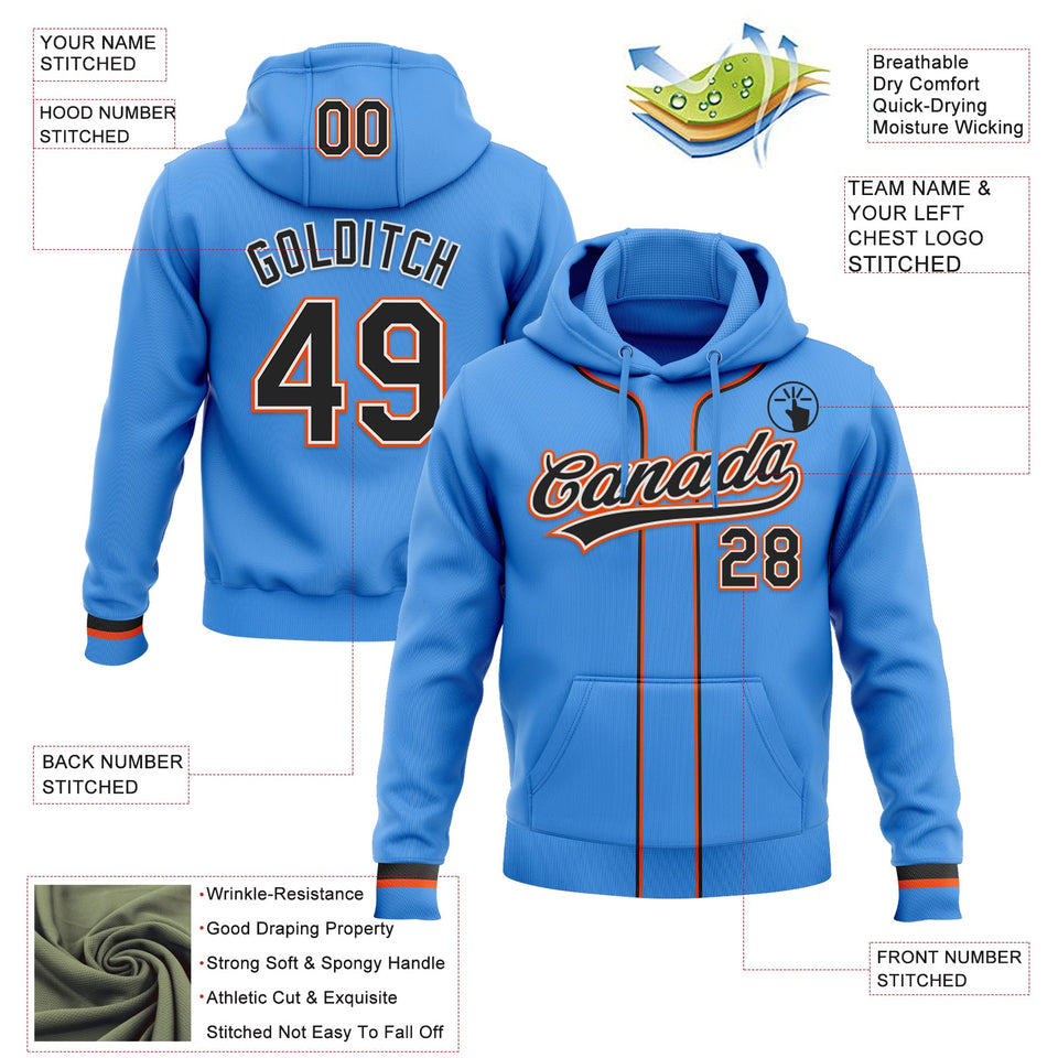 Custom Stitched Powder Blue Black Orange-White Baseball Pullover Sweatshirt Hoodie