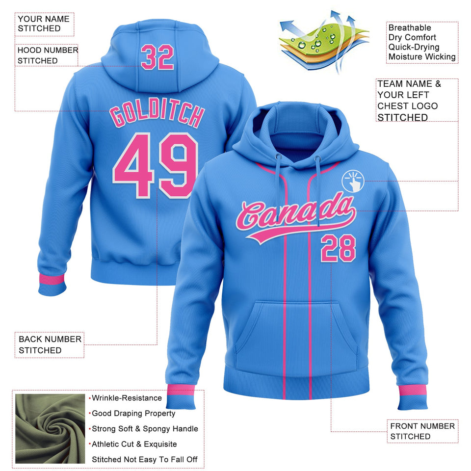 Custom Stitched Powder Blue Pink-White Baseball Pullover Sweatshirt Hoodie