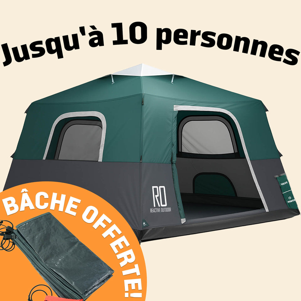 2-Step Cabin Tent – Très grande taille + Bâche de camping OFFERTE (jusqu'à 10 personnes. FR)