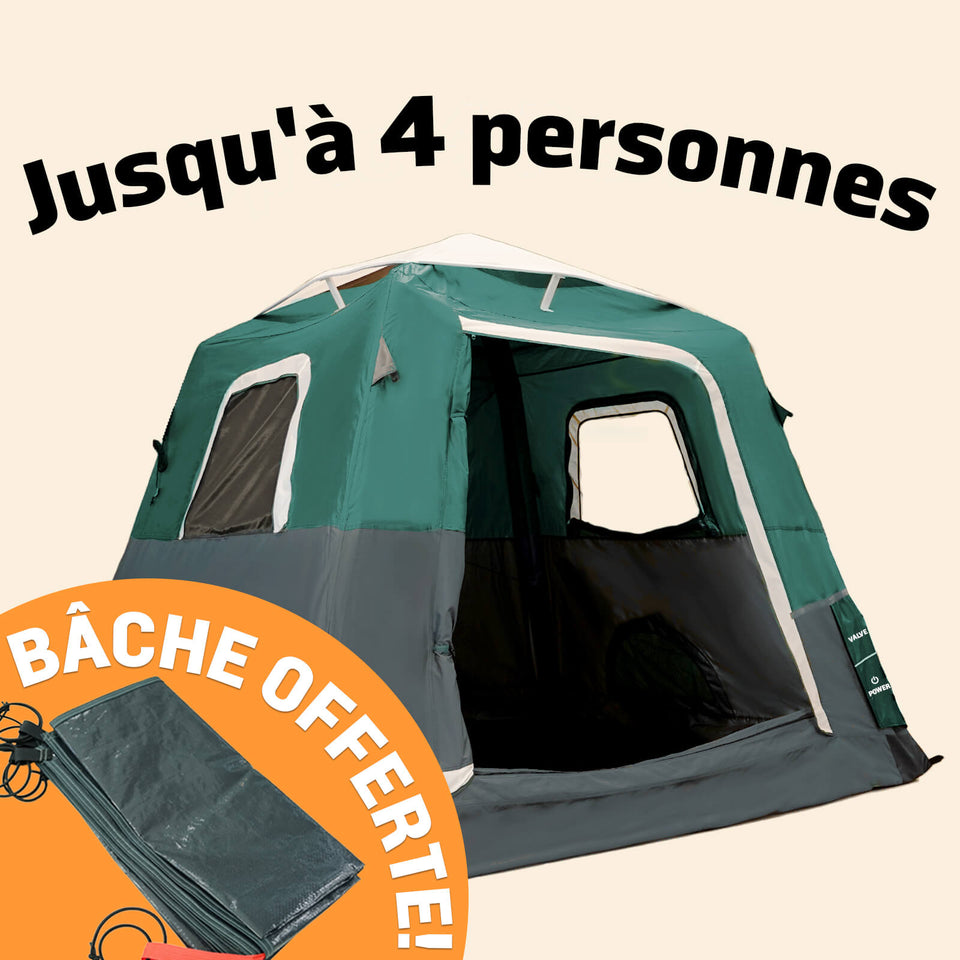 2-Step Cabin Tent – Petite taille + Bâche de camping OFFERTE (jusqu'à 4 personnes. FR)