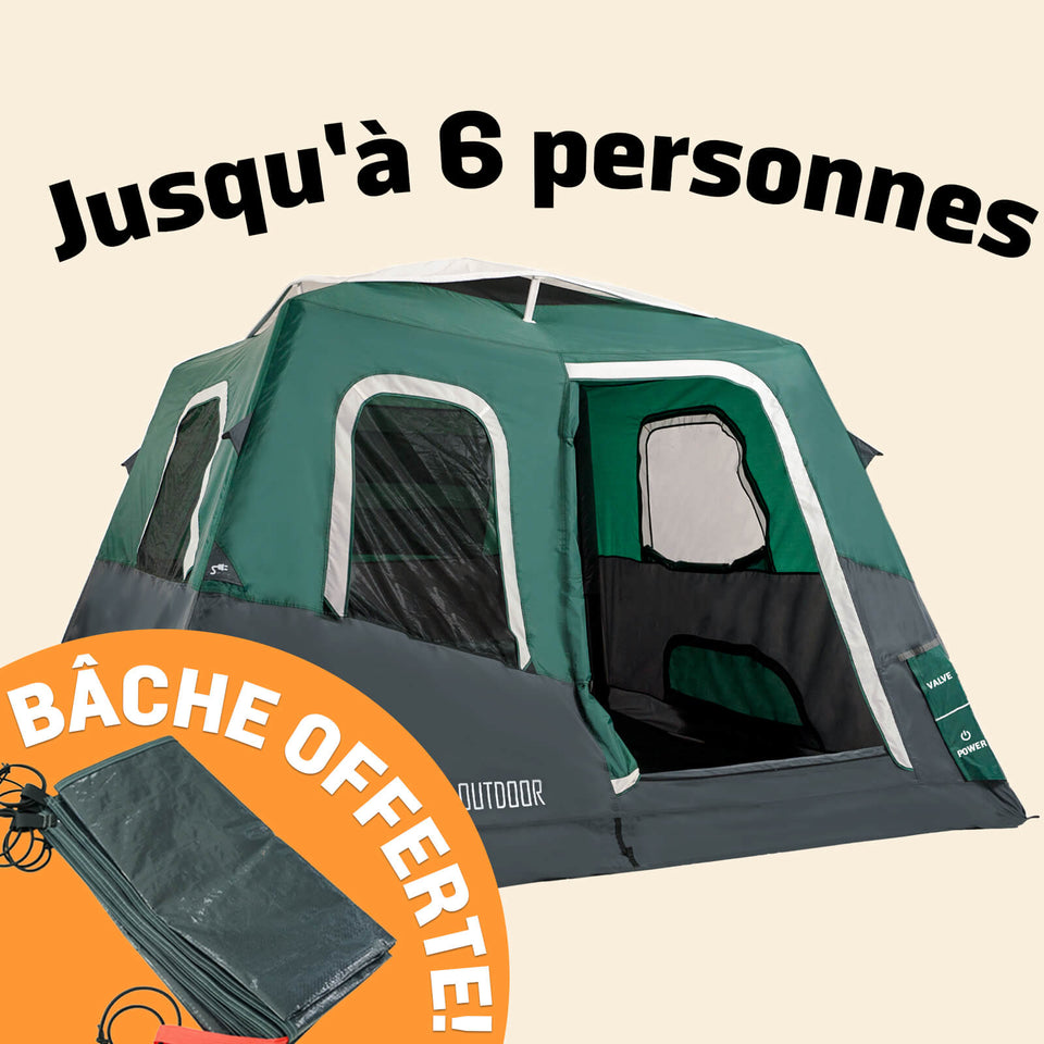 2-Step Cabin Tent – Grande taille + Bâche de camping OFFERTE (jusqu'à 6 personnes. FR).