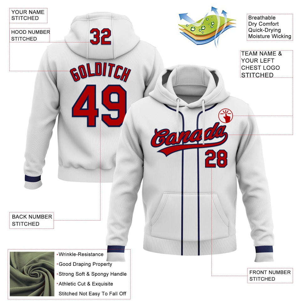 Custom Stitched White Red-Navy Baseball Pullover Sweatshirt Hoodie