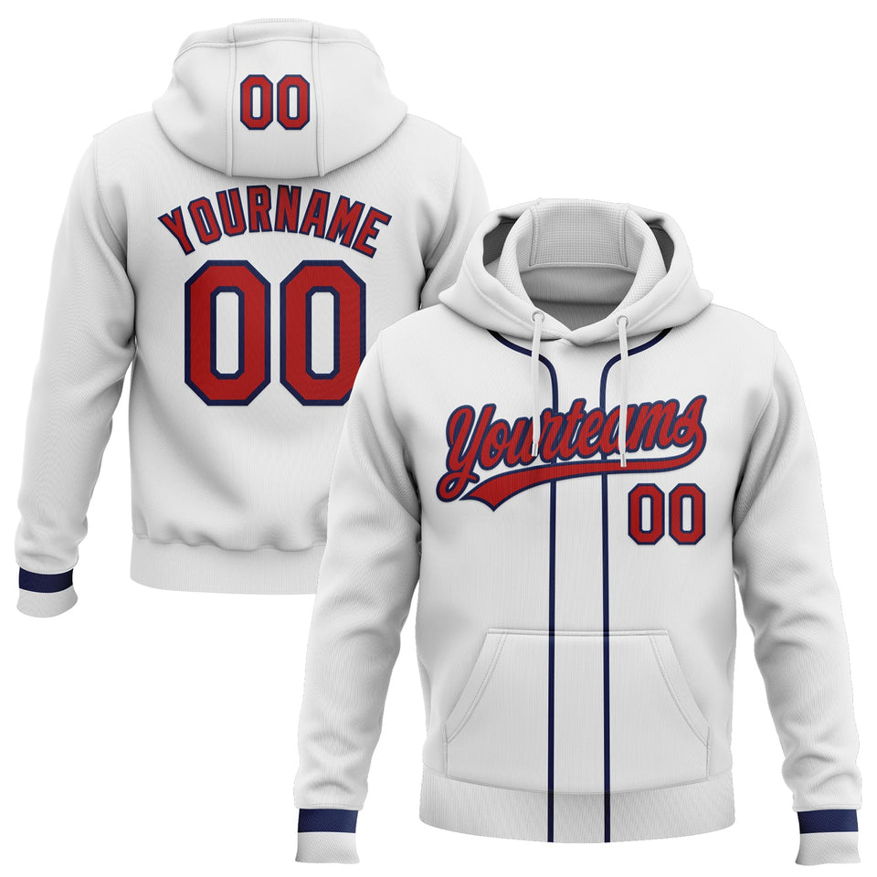 Custom Stitched White Red-Navy Baseball Pullover Sweatshirt Hoodie