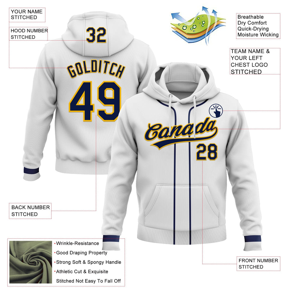 Custom Stitched White Navy-Gold Baseball Pullover Sweatshirt Hoodie