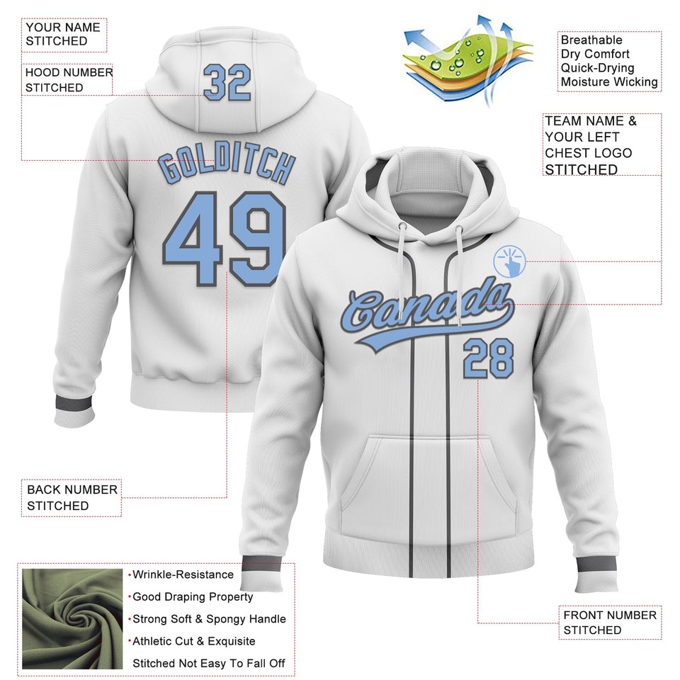 Custom Stitched White Light Blue-Steel Gray Baseball Pullover Sweatshirt Hoodie