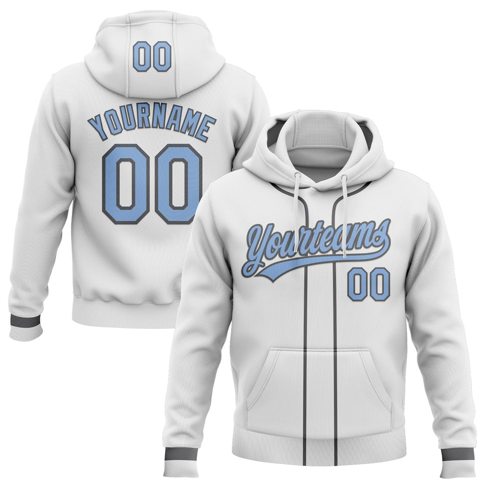 Custom Stitched White Light Blue-Steel Gray Baseball Pullover Sweatshirt Hoodie