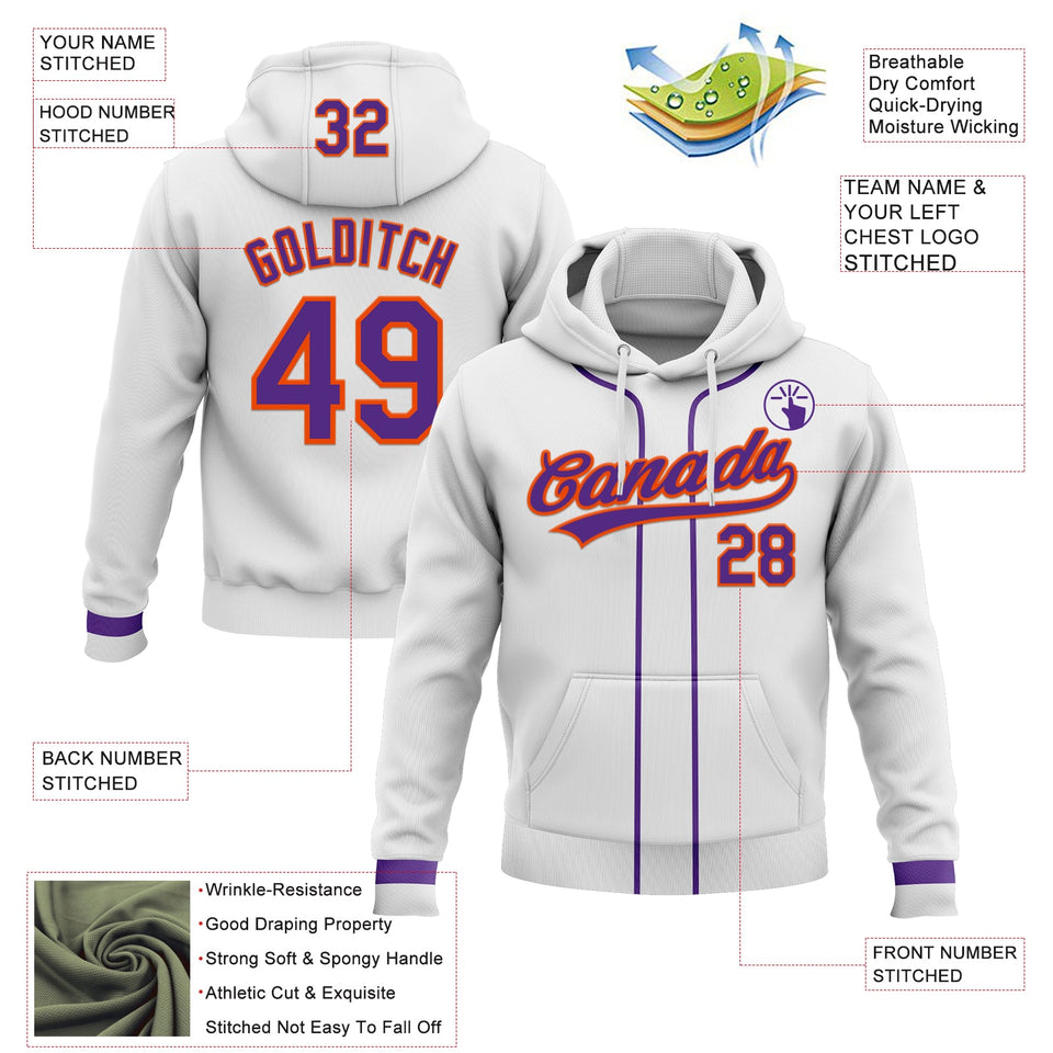 Custom Stitched White Purple-Orange Baseball Pullover Sweatshirt Hoodie