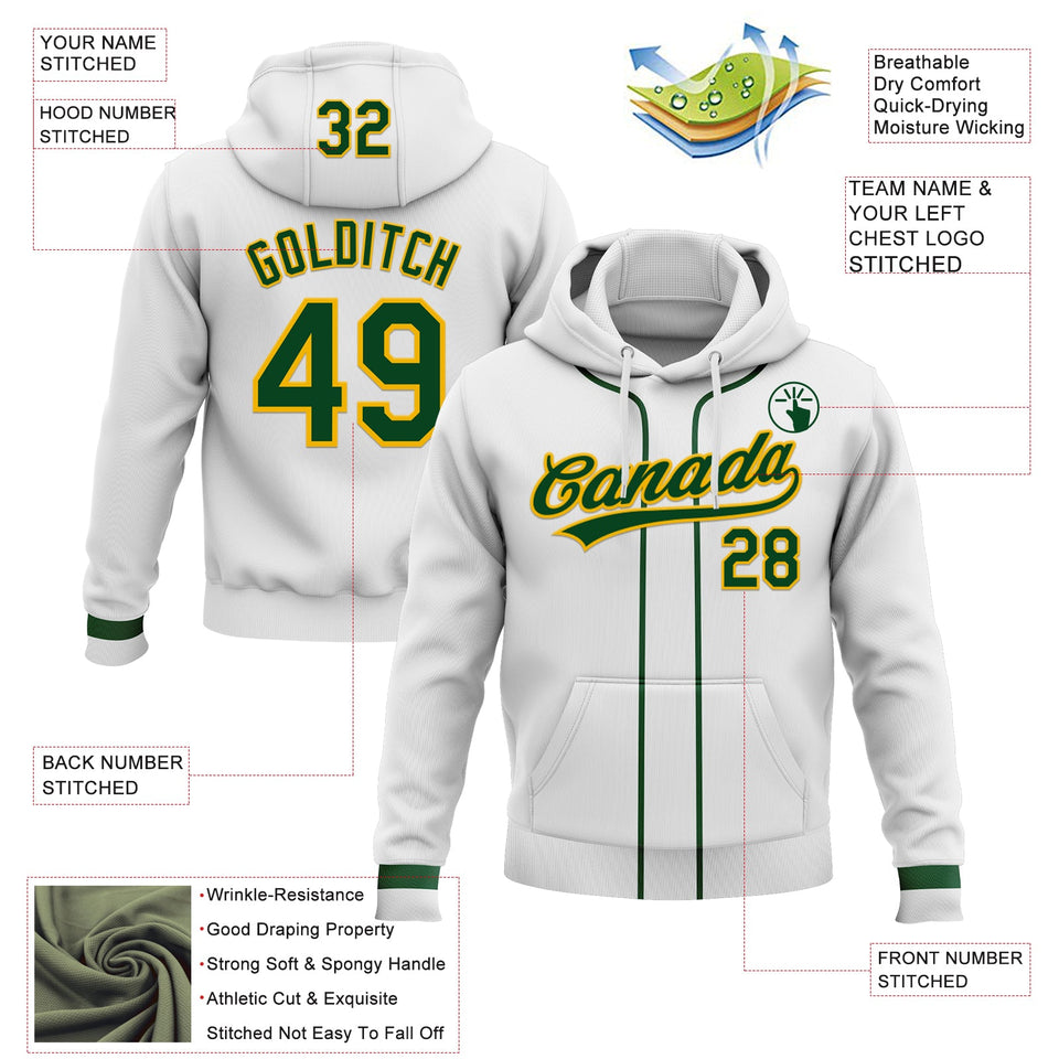 Custom Stitched White Green-Gold Baseball Pullover Sweatshirt Hoodie
