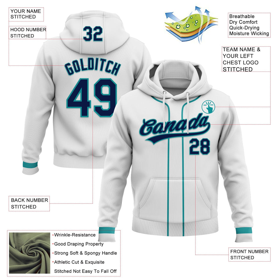 Custom Stitched White Navy-Teal Baseball Pullover Sweatshirt Hoodie