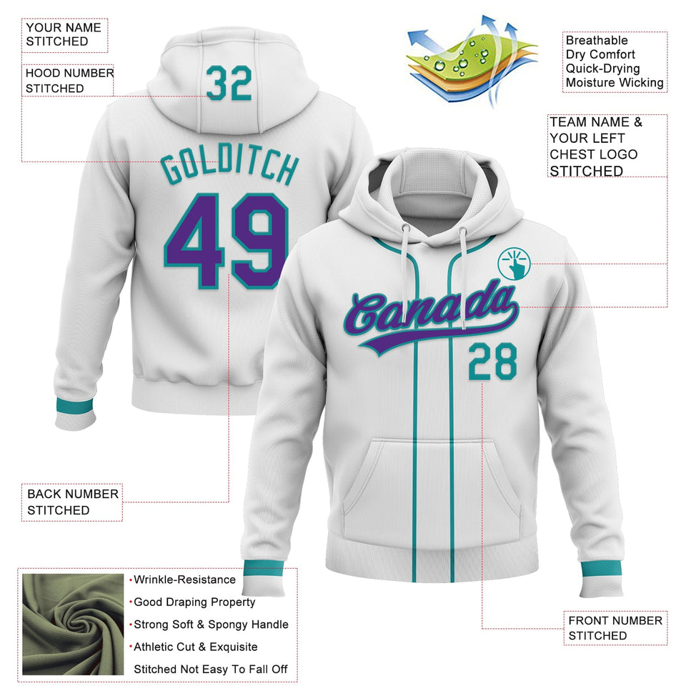 Custom Stitched White Purple-Teal Baseball Pullover Sweatshirt Hoodie