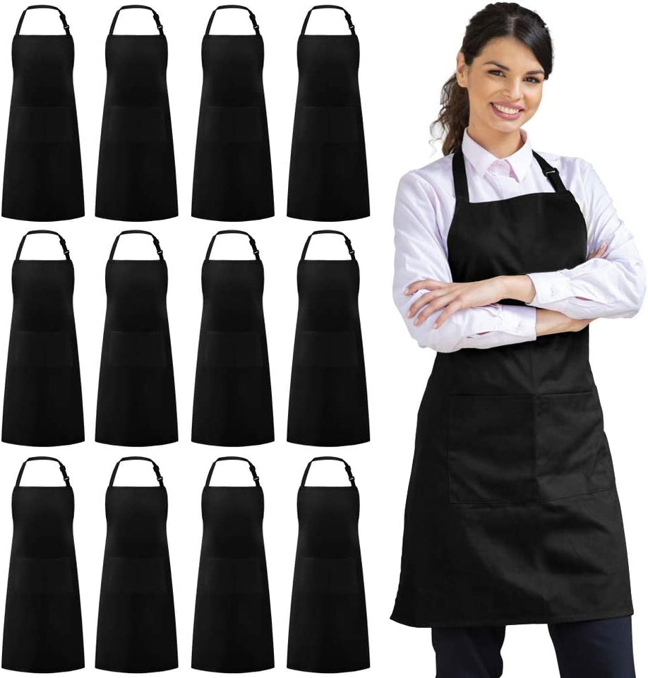 12 Pack Bib Apron. Unisex Aprons Adjustable Waterdrop Resistant with 2 Pockets Cooking Kitchen Apron for Chef. BBQ Drawing Apron Bulk. Black
