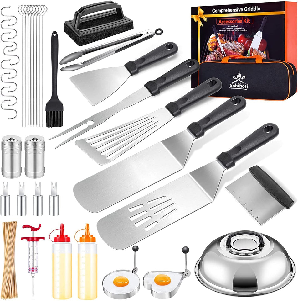 138PCS Griddle Accessories Kit.Grill Accessories for Blackstone Flat Top Set and Camp Chef.Grill Spatula.Scraper.Griddle Cleaning Kit Carry Bag for Hibachi Grill. Men Outdoor BBQ with Meat Injector