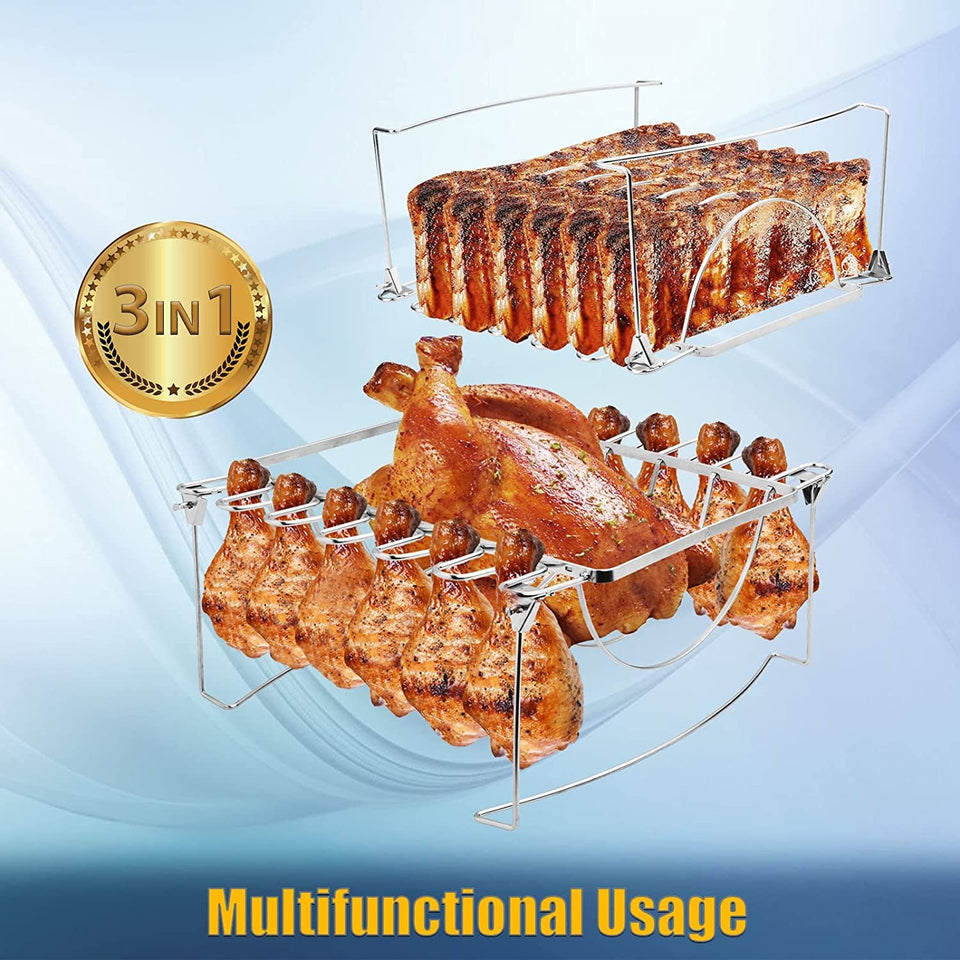 3-In-1Turkey Roasting Rack Rib Rack for Smoking & Chicken Leg Rack for Oven Grill - Holds 6 Large Ribs. 12 Chicken Leg Wing. 1 Whole Chicken - Premium Foldable Space-Saving Grilling Smoking Accessory