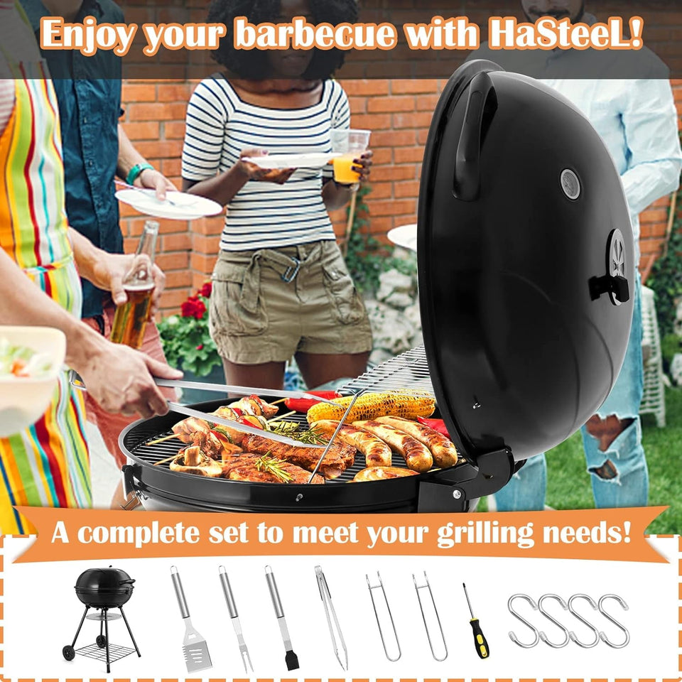 22-Inch Charcoal Kettle Grill Set of 12. Hasteel 2 Layer Grilling Racks Outdoor BBQ Grill. Heavy Duty Large Enameled Grills with Grilling Accessories for Camping Backyard Picnic. Barbecue Spatula