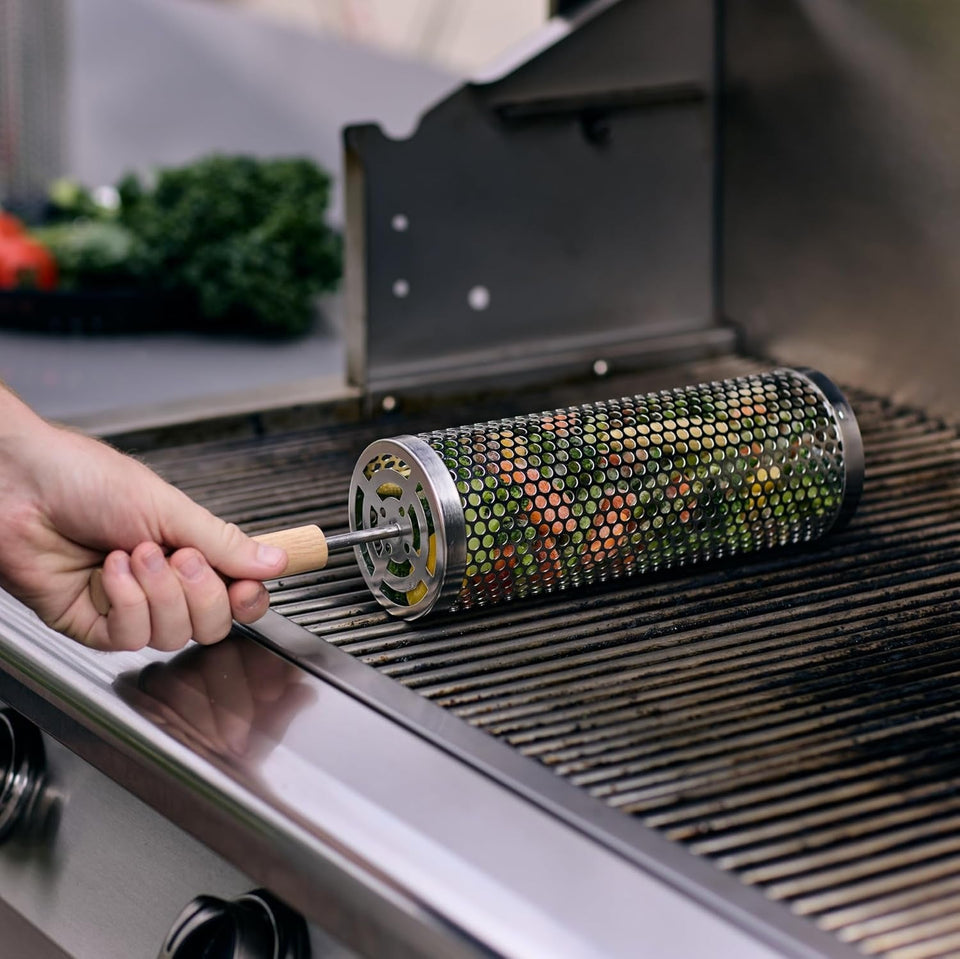 2Pcs Large Nesting Rolling Grill Baskets for Outdoor Grill. USA Based. Commercial Grade. 304 Stainless Steel BBQ round Grilling Baskets with Wood Handles Set with Oil Pourer/Brush and Grill Glove