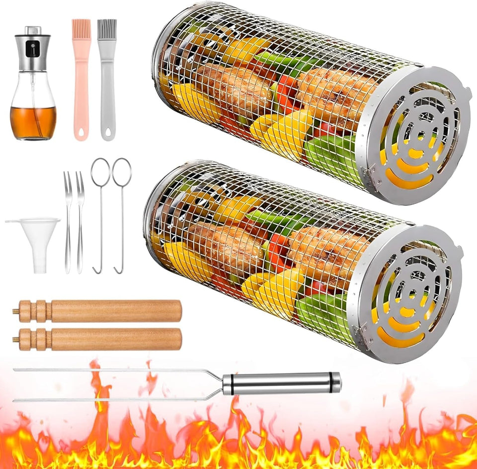 2 PCS Rolling Grilling Baskets for Outdoor Grill BBQ. Stainless Steel Cylinder Grill Mesh Barbeque Grill Accessories. Outdoor round BBQ Stainless Steel Grill Basket Campfire Grill Grid