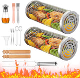 2 PCS Rolling Grilling Baskets for Outdoor Grill BBQ. Stainless Steel Cylinder Grill Mesh Barbeque Grill Accessories. Outdoor round BBQ Stainless Steel Grill Basket Campfire Grill Grid
