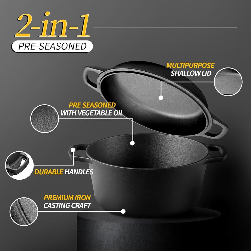 2-In-1 Pre-Seasoned Cast Iron Dutch Oven Pot with Skillet Lid Cooking Pan. Cast Iron Skillet Cookware Pan Set with Dual Handles Indoor Outdoor for Bread. Frying. Baking. Camping. BBQ. 5QT