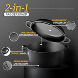2-In-1 Pre-Seasoned Cast Iron Dutch Oven Pot with Skillet Lid Cooking Pan. Cast Iron Skillet Cookware Pan Set with Dual Handles Indoor Outdoor for Bread. Frying. Baking. Camping. BBQ. 5QT