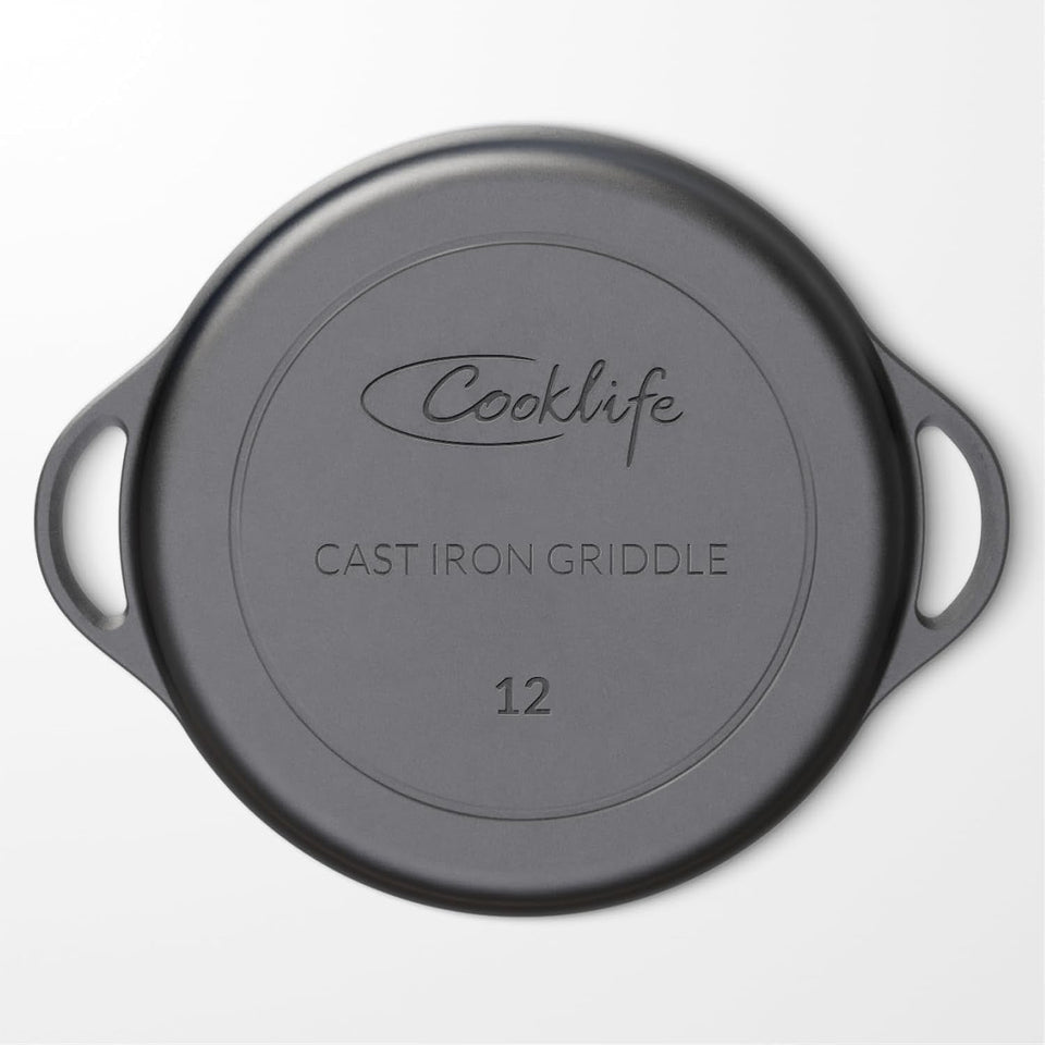 12 Inch Lightweight Pre-Seasoned Cast Iron Griddle with Cleaning Kit - Smooth Polished Surface. Easy to Clean Cast Iron Skillets Use in the Oven. on the Stove or Grill. over a Campfire