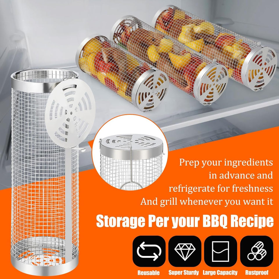 2 Pcs Rolling Grilling Baskets for Outdoor Grilling. BBQ Stainless Steel Grill Accessories Set for Outdoor Grill. Grill Baskets Suitable for Vegetable.Fries.Fish. Shrimp. Grill BBQ Net Tube with Barbecue Accessories