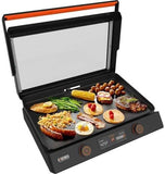22-Inch Electric Griddle - 1200W Non Stick Ceramic Titanium Coated Stainless Steel Tabletop Griddle with Ez-Touch Control Dial. LCD Display. Patented Rotate & Remove Glass Hood - 8001