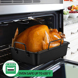 14 Inch Roasting Pan with Rack Set. P&P CHEF Turkey Roaster Pan & V-Shape Baking Rack & Cooling Rack for Chicken Vegetable Lasagna Cookie. Nonstick Coating & Stainless Steel Core. Sturdy & Healthy