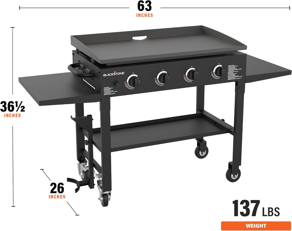 36 Inch Gas Griddle Cooking Station 4 Burner Flat Top Gas Grill Propane Fuelled Restaurant Grade Professional 36 Outdoor Griddle Station with Side Shelf (1554)