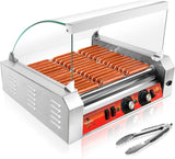 1670W Hot Dog Roller Machine/Sausage Grill with Dust Cover.Stainless Steel 11 Rollers 30 Hot Dog Roller Grill Cooker Machine with Dual Temp Control and LED Light/Detachable Drip Tray