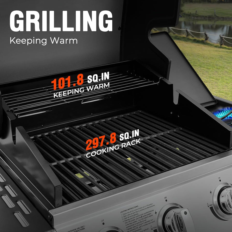 3 Burners Gas Grill with Side Burner. Propane Grill with Wheels and Storage. Outdoor Gas BBQ with Oil Tray and Thermometer for Patio and Party. 37000 BTU