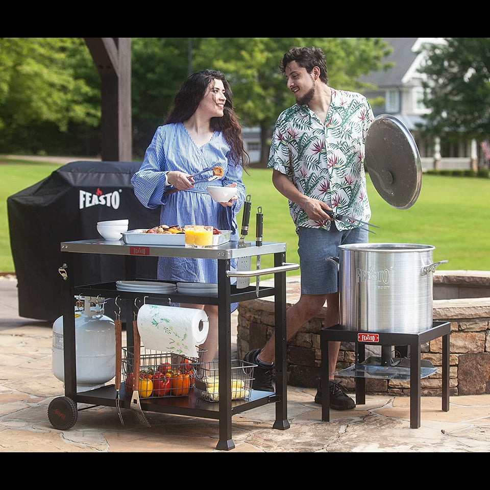 3-Shelf Movable Food Prep and Pizza Oven Table. BBQ Grilling Table. Home & Outdoor Multifunctional Stainless Steel Table Top Worktable on 2 Wheels. L39.5 X W25.6 X H33