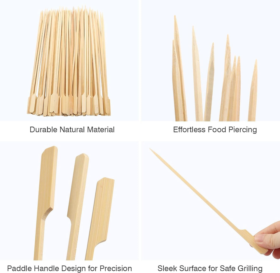 10-Inch Skewer for BBQ Kebab. Unbleached Long Bamboo/Wood Roasting Sticks for Grill -Heavy Duty Thickness -Flat Stick Flag Handle -With Dust-Free Packaging (100-Pack)